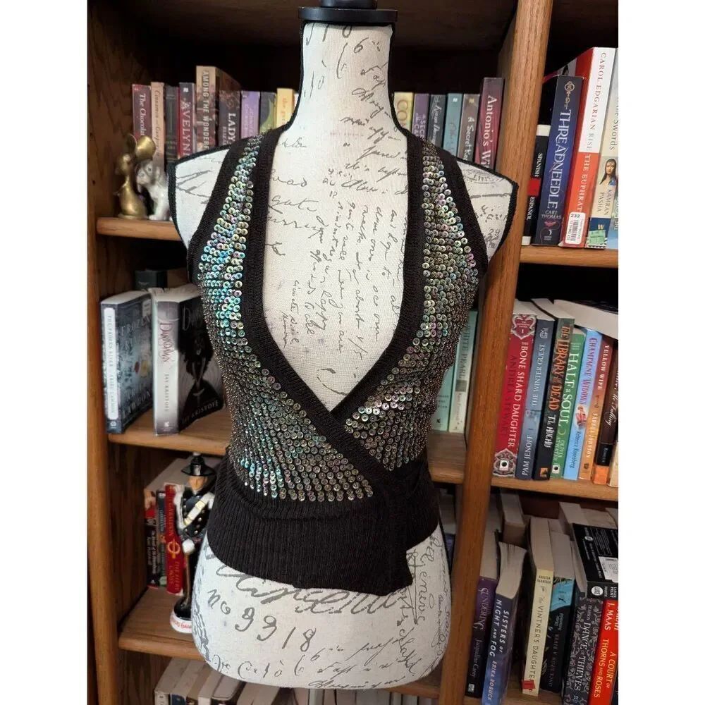 Vintage 90s Nanette Lepore Sparkly Stretchy Wool Deep Plunge Sleeveless Top XS